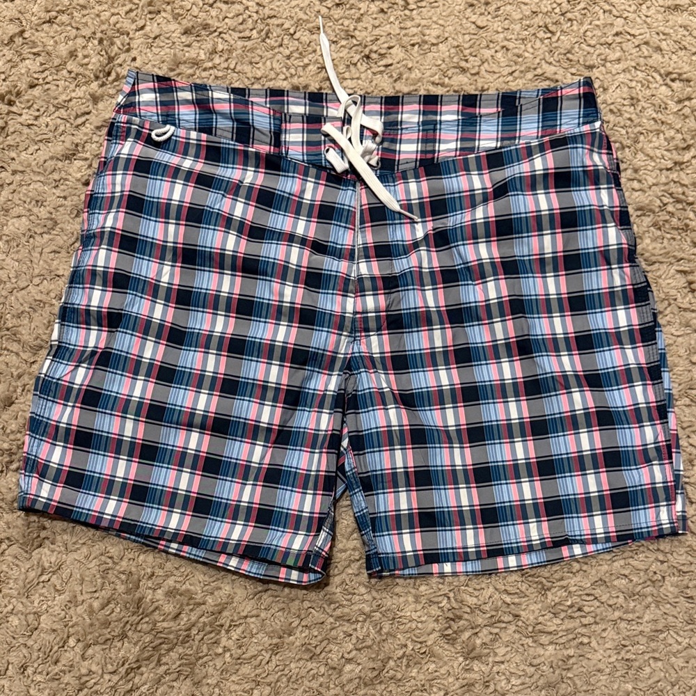 Men’s Sundek Swim Trunks Board Shorts Plaid Navy Pink 36 Waist